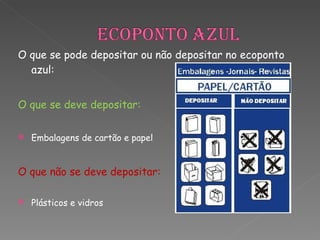 O que se pode depositar ou não depositar no ecoponto azul:  O que se deve depositar: Embalagens de cartão e papel O que não se deve depositar: Plásticos e vidros 