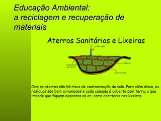 Educação Ambiental: a reciclagem e recuperação de materiais Aterros Sanitários e Lixeiras Com os aterros não há risco de contaminação do solo. Para além disso, os resíduos são bem arrumados e cada camada é coberta com terra, o que impede que fiquem expostos ao ar, como acontecia nas lixeiras.   