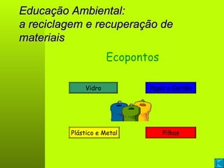 Educação Ambiental: a reciclagem e recuperação de materiais Ecopontos Vidro Papel e Cartão Plástico e Metal Pilhas 
