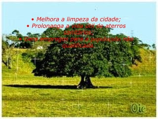 Melhora a limpeza da cidade; Prolonanga a vida útil de aterros sanitários; Gera empregos para a  populaçaão  não qualificada. 