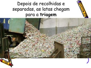 Depois de recolhidas e separadas, as latas chegam para a  triagem 