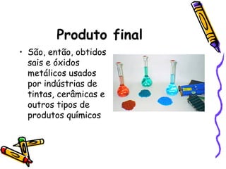 Produto final   São, então, obtidos sais e óxidos metálicos usados por indústrias de tintas, cerâmicas e outros tipos de produtos químicos 