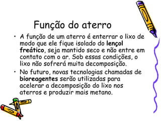 Função do aterro A função de um aterro é enterrar o lixo de modo que ele fique isolado do  lençol freático , seja mantido seco e não entre em contato com o ar. Sob essas condições, o lixo não sofrerá muita decomposição. No futuro, novas tecnologias chamadas de  bioreagentes  serão utilizadas para acelerar a decomposição do lixo nos aterros e produzir mais metano. 