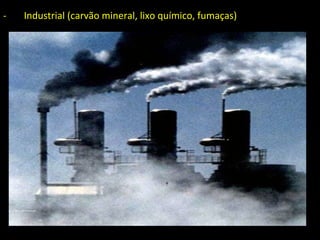 - Industrial (carvão mineral, lixo químico, fumaças)
 