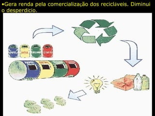 •Gera renda pela comercialização dos recicláveis. Diminui
o desperdício.
 