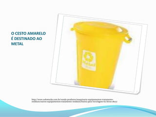 O CESTO AMARELO
É DESTINADO AO
METAL
http://www.solostocks.com.br/venda-produtos/maquinaria-equipamentos-tratamento-
residuos/outros-equipamentos-tratamento-residuos/lixeira-para-reciclagem-62-litros-18277
 