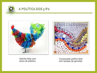 Galinha feita com
sacos de plástico.
Composição gráfica feita
com tampas de garrafas.
 