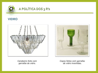 VIDRO
Candeeiro feito com
garrafas de vidro.
Copos feitos com garrafas
de vidro invertidas.
 