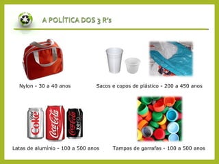 Nylon - 30 a 40 anos Sacos e copos de plástico - 200 a 450 anos
Latas de alumínio - 100 a 500 anos Tampas de garrafas - 100 a 500 anos
 