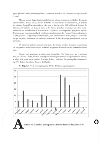 papel, plástico e vidro, além dos pilhões e ecopontos para óleo, são existentes em (quase) todo
o lugar.
Mais de metade da produção mundial de lixo urbano pertence aos cidadãos dos países
desenvolvidos. A cada ano 2,5 biliões de fraldas são descartadas pelos britânicos, 30 milhões
de câmaras fotográficas descartáveis vão para o lixo japonês, 183 milhões de lâminas de
barbear, 360 milhões de latas de spray e 2,7 biliões de pilhas e baterias ara o lixo norte-
americano até as indústrias da fatia mais rica do planeta são campeãs na geração de rejeitos.
Estima-se que para cada cem kg de produtos manufacturados dos Estados Unidos, são criados
3.200kg de lixo. A organização indiana (CSE), que levantou esses dados, chegou á conclusão
de que os países mais ricos são melhores produtores de lixo do que propriamente de bens de
consumo.
Os números também revelam uma faceta do sistema produto moderno: a quantidade
de lixo produzida está directamente associada ao grau de desenvolvimento económico de um
país.
Quanto mais abastada é a nação, mais lixo produz. Não é por acaso que o país mais
rico, os Estados Unidos, lidera o ranking dos maiores geradores de lixo per capita do mundo,
a média é de quase meia tonelada de rejeito de lixo a cada ano. Os países pobres são destino
de 80% do lixo electrónico do resto do Mundo.
Na Figura 4- % da reciclagem, entre 2001 e 2010 dos seguintes países
cidade de Curitiba a um passo à frente desde a década de 70
-5
0
5
10
15
20
25
30
A
 