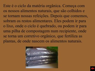 Este é o ciclo da matéria orgânica. Começa com
os nossos alimentos naturais, que são colhidos e
se tornam nossas refeições. Depois que comemos,
sobram os restos alimentares. Eles podem ir para
o lixo, onde o ciclo é quebrado, ou podem ir para
uma pilha de compostagem num recipiente, onde
se torna um corretivo orgânico, que fertiliza as
plantas, de onde nascem os alimentos naturais.
 