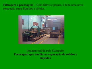 Filtragem e prensagem – Com filtros e prensa, é feita uma nova
separação entre líquidos e sólidos.




                Imagem cedida pela Suzaquim
        Prensagem que auxilia na separação de sólidos e
                          líquidos
 