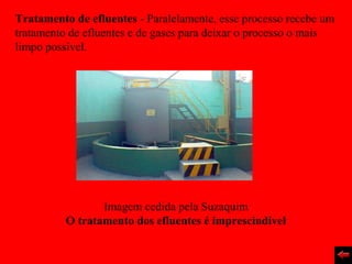 Tratamento de efluentes - Paralelamente, esse processo recebe um
tratamento de efluentes e de gases para deixar o processo o mais
limpo possível.




                 Imagem cedida pela Suzaquim
          O tratamento dos efluentes é imprescindível
 