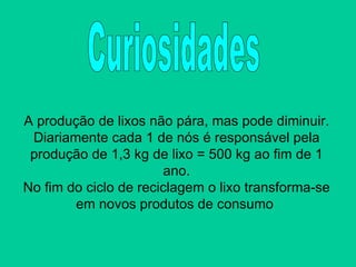 A produção de lixos não pára, mas pode diminuir. Diariamente cada 1 de nós é responsável pela produção de 1,3 kg de lixo = 500 kg ao fim de 1 ano. No fim do ciclo de reciclagem o lixo transforma-se em novos produtos de consumo  Curiosidades 