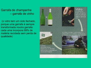 Garrafa de champanhe  –  garrafa de vinho (o vidro tem um ciclo fechado, porque uma garrafa é sempre transformada noutra garrafa: cada uma incorpora 99% de matéria reciclada sem perda de qualidade) 