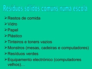 Restos de comida Vidro  Papel Plástico Tinteiros e toners vazios Monstros (mesas, cadeiras e computadores) Resíduos verdes  Equipamento electrónico (computadores velhos)… Resíduos sólidos comuns numa escola  