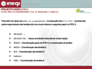PROJECTO EDEN  | PPS2 PAPEL DOS CO-PROMOTORES NAS ACTIVIDADES / TAREFAS EFACEC:   -  EFACEC SE:   - Apoio ao trabalho laboratorial (Automação) INEGI:  - Coordenação geral do PPS 5 e coordenação de tarefas INETI: -  Coordenação das tarefas E IST:  - Coordenação das tarefas E Labelec: SRE: -  Coordenação da tarefas E Para além do apoio de  todos os co-promotores  na execução dos  deliverables  (coordenado pelos responsáveis das tarefas) têm os co-promotores o seguinte papel no PPS 2: 