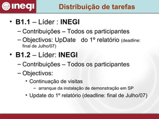 Distribuição de tarefas  B1.1  – Líder :  INEGI Contribuições – Todos os participantes  Objectivos: UpDate  do 1º relatório  (deadline: final de Julho/07) B1.2  – Líder:  INEGI Contribuições – Todos os participantes  Objectivos:  Continuação de visitas arranque da instalação de demonstração em SP Update do 1º relatório (deadline: final de Julho/07) 