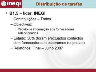 Distribuição de tarefas B1.5  – líder:  INEGI Contribuições – Todos Objectivos: Pedido de informação aos fornecedores seleccionados  Estado: 50% (foram efectuados contactos com fornecedores e esperamos respostas) Relatórios: Final – Julho 2007 