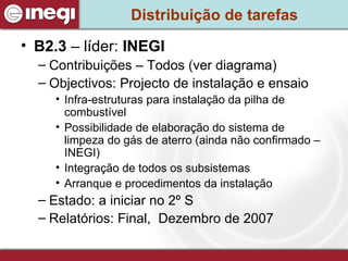 Distribuição de tarefas B2.3  – líder:  INEGI Contribuições – Todos (ver diagrama) Objectivos: Projecto de instalação e ensaio  Infra-estruturas para instalação da pilha de combustível  Possibilidade de elaboração do sistema de limpeza do gás de aterro (ainda não confirmado – INEGI) Integração de todos os subsistemas  Arranque e procedimentos da instalação Estado: a iniciar no 2º S Relatórios: Final,  Dezembro de 2007 