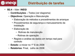 Distribuição de tarefas B2.4  – líder:  INEGI Contribuições  – Todos (ver diagrama) Objectivos : Operação e Manutenção  Elaboração de métodos e procedimentos de arranque  Procedimentos de segurança e manuseamento da instalação  Elaboração de Rotinas de manutenção Rotinas de operação Registo e análise da dados em tempo real para controlo Estado : a iniciar no 1º S de 2008 Relatórios : Final,  Julho de 2008 