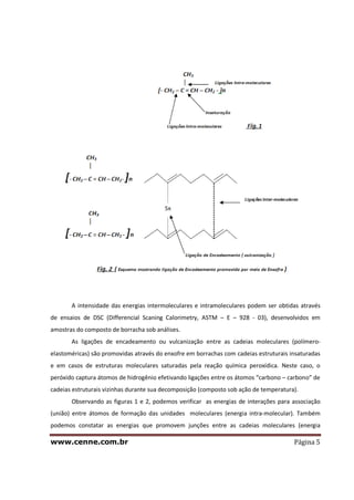 www.cenne.com.br Página 5
A intensidade das energias intermoleculares e intramoleculares podem ser obtidas através
de ensaios de DSC (Differencial Scaning Calorimetry, ASTM – E – 928 - 03), desenvolvidos em
amostras do composto de borracha sob análises.
As ligações de encadeamento ou vulcanização entre as cadeias moleculares (polímero-
elastoméricas) são promovidas através do enxofre em borrachas com cadeias estruturais insaturadas
e em casos de estruturas moleculares saturadas pela reação química peroxídica. Neste caso, o
peróxido captura átomos de hidrogênio efetivando ligações entre os átomos “carbono – carbono” de
cadeias estruturais vizinhas durante sua decomposição (composto sob ação de temperatura).
Observando as figuras 1 e 2, podemos verificar as energias de interações para associação
(união) entre átomos de formação das unidades moleculares (energia intra-molecular). Também
podemos constatar as energias que promovem junções entre as cadeias moleculares (energia
 