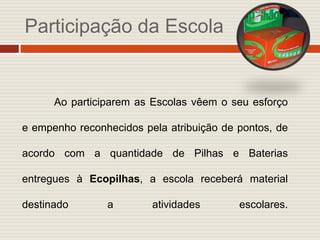 Participação da Escola


      Ao participarem as Escolas vêem o seu esforço

e empenho reconhecidos pela atribuição de pontos, de

acordo com a quantidade de Pilhas e Baterias

entregues à Ecopilhas, a escola receberá material

destinado       a        atividades       escolares.
 
