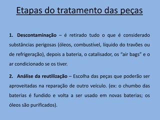 Etapas do tratamento das peçasDescontaminação – é retirado tudo o que é considerado substâncias perigosas (óleos, combustível, líquido do travões ou de refrigeração), depois a bateria, o catalisador, os “air bags” e o ar condicionado se os tiver.Análise da reutilização – Escolha das peças que poderão ser aproveitadas na reparação de outro veículo. (ex:o chumbo das baterias é fundido e volta a ser usado em novas baterias; os óleos são purificados).