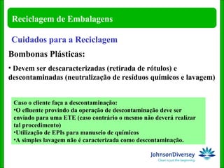 Cuidados para a Reciclagem Bombonas Plásticas: Devem ser descaracterizadas (retirada de rótulos) e descontaminadas (neutralização de resíduos químicos e lavagem)  Caso o cliente faça a descontaminação: O efluente provindo da operação de descontaminação deve ser enviado para uma ETE (caso contrário o mesmo não deverá realizar tal procedimento) Utilização de EPIs para manuseio de químicos  A simples lavagem não é caracterizada como descontaminação. 