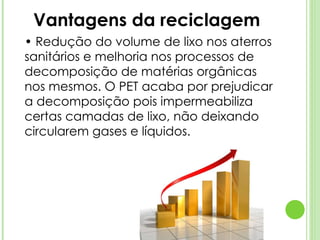 •  Redução do volume de lixo nos aterros sanitários e melhoria nos processos de decomposição de matérias orgânicas nos mesmos. O PET acaba por prejudicar a decomposição pois impermeabiliza certas camadas de lixo, não deixando circularem gases e líquidos. Vantagens da reciclagem 