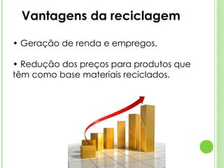 •  Geração de renda e empregos. •  Redução dos preços para produtos que têm como base materiais reciclados. Vantagens da reciclagem 
