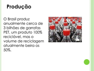 Produção O Brasil produz anualmente cerca de 3 bilhões de garrafas PET, um produto 100% reciclável, mas o volume de reciclagem atualmente beira os 50%.  