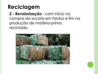 Reciclagem 2 - Revalorização  - com início na compra da sucata em fardos e fim na produção de matéria-prima reciclada. 