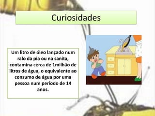 Curiosidades
Um litro de óleo lançado num
ralo da pia ou na sanita,
contamina cerca de 1milhão de
litros de água, o equivalente ao
consumo de água por uma
pessoa num período de 14
anos.
