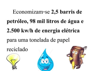 Economizam-se 2,5 barris de
petróleo, 98 mil litros de água e
2.500 kw/h de energia elétrica
para uma tonelada de papel
reciclado
 