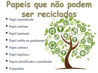  Papel engordurado
 Papel celofane
 Papel laminado
 Papel toalha ou guardanapo
 Papel carbono
 Papel higiênico
 Papeis plastificados e parafinado
 Fotografias
Papeis que não podem
ser reciclados
 