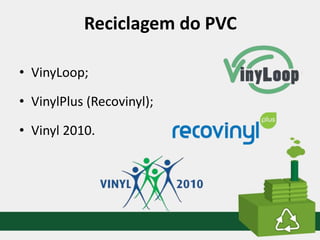 Reciclagem do PVC
• VinyLoop;
• VinylPlus (Recovinyl);
• Vinyl 2010.
 