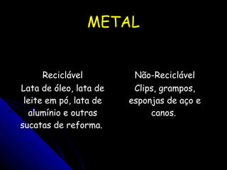 METALMETAL
ReciclávelReciclável Não-ReciclávelNão-Reciclável
Lata de óleo, lata deLata de óleo, lata de
leite em pó, lata deleite em pó, lata de
alumínio e outrasalumínio e outras
sucatas de reforma.sucatas de reforma.
Clips, grampos,Clips, grampos,
esponjas de aço eesponjas de aço e
canos.canos.
 
