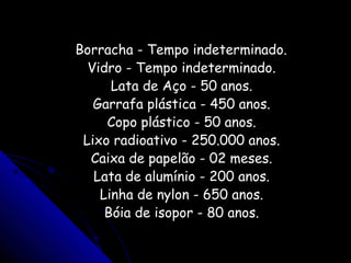 Borracha - Tempo indeterminado.Borracha - Tempo indeterminado.
Vidro - Tempo indeterminado.Vidro - Tempo indeterminado.
Lata de Aço - 50 anos.Lata de Aço - 50 anos.
Garrafa plástica - 450 anos.Garrafa plástica - 450 anos.
Copo plástico - 50 anos.Copo plástico - 50 anos.
Lixo radioativo - 250.000 anos.Lixo radioativo - 250.000 anos.
Caixa de papelão - 02 meses.Caixa de papelão - 02 meses.
Lata de alumínio - 200 anos.Lata de alumínio - 200 anos.
Linha de nylon - 650 anos.Linha de nylon - 650 anos.
Bóia de isopor - 80 anos.Bóia de isopor - 80 anos.
 
