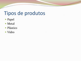 Tipos de produtosPapelMetalPlásticoVidro 