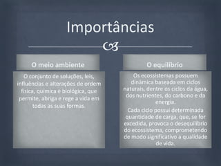 ImportânciasO meio ambienteO equilíbrioOs ecossistemas possuem dinâmica baseada em ciclos naturais, dentre os ciclos da água, dos nutrientes, do carbono e da energia. Cada ciclo possui determinada quantidade de carga, que, se for excedida, provoca o desequilíbrio do ecossistema, comprometendo de modo significativo a qualidade de vida.O conjunto de soluções, leis, influências e alterações de ordem física, química e biológica, que permite, abriga e rege a vida em todas as suas formas. 