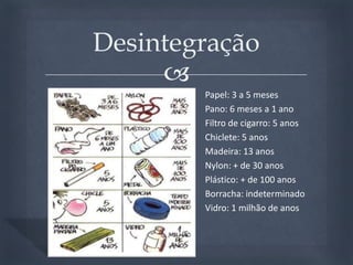 Desintegração Papel: 3 a 5 mesesPano: 6 meses a 1 anoFiltro de cigarro: 5 anosChiclete: 5 anosMadeira: 13 anosNylon: + de 30 anosPlástico: + de 100 anosBorracha: indeterminadoVidro: 1 milhão de anos