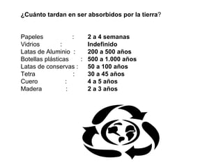¿Cuánto tardan en ser absorbidos por la tierra ? Papeles  :  2 a 4 semanas Vidrios  :  Indefinido Latas de Aluminio  :  200 a 500 años Botellas plásticas  :  500 a 1.000 años Latas de conservas :  50 a 100 años Tetra  :  30 a 45 años Cuero  :  4 a 5 años Madera  :  2 a 3 años 