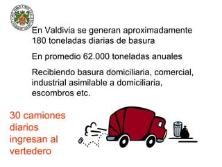 En Valdivia se generan aproximadamente 180 toneladas diarias de basura En promedio 62.000 toneladas anuales Recibiendo basura domiciliaria, comercial, industrial asimilable a domiciliaria, escombros etc. 30 camiones diarios ingresan al vertedero 