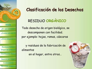 Clasificación de los Desechos RESIDUO  ORGÁNICO Todo desecho de origen biológico, se descomponen con facilidad.  por ejemplo: hojas, ramas, cáscaras  y residuos de la fabricación de alimentos  en el hogar, entre otros…  Inicio ¿En que consiste? ¿Cuáles son sus Ventajas? ¿Cómo disponer correctamente los desechos? Contenedores Separar por Origen Residuos Sólidos Origen de la Basura Clasificación Desechos Recursos, juegos y más 