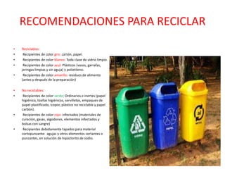 RECOMENDACIONES PARA RECICLAR

•   Reciclables:
•    Recipientes de color gris: cartón, papel.
•    Recipientes de color blanco: Toda clase de vidrio limpio.
•    Recipientes de color azul: Plásticos (vasos, garrafas,
    jeringas limpias y sin aguja) y polietileno.
•    Recipientes de color amarillo: residuos de alimento
    (antes y después de la preparación)

•   No reciclables:
•    Recipientes de color verde: Ordinarios e inertes (papel
    higiénico, toallas higiénicas, servilletas, empaques de
    papel plastificado, icopor, plástico no reciclable y papel
    carbón).
•    Recipientes de color rojo: infectados (materiales de
    curación, gasas, algodones, elementos infectados y
    bolsas con sangre)
•    Recipientes debidamente tapados para material
    cortopunzante: agujas y otros elementos cortantes o
    punzantes, en solución de hipoclorito de sodio.
 