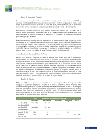 RECICLAJE DE RESIDUOS PLÁSTICOS, UNA GUÍA
DE BUENAS PRÁCTICAS POR Y PARA LAS AUTORIDADES LOCALES Y REGIONALES




           Costes de Eliminación Evitados

    Los costes actuales de la eliminación evitada de los residuos, que oscilan entre los 10 y los 220 €/Tm,
    dependen en alto grado de los niveles impositivos nacionales y también europeos. Cabe esperar unos
    costes de eliminación evitados entre los 10 y los 220 €/Tm, siendo probable que los mismos se
    incrementen con los avances hacia los objetivos de las Directivas de vertido y de incineración.

    En conclusión, los costes del reciclaje de los plásticos puede oscilar entre los 100 y los 1600 €/Tm, si
    bien los ahorros y los ingresos pueden reducirlos en 50 – 370€/Tm. El equilibrio entre los costes y los
    ingresos depende de los flujos de residuos de que se trate en cada caso y de los métodos empleados
    para la recogida y el procesado.

    En el caso de algunos residuos plásticos, puede existir un déficit de entre 270 y 1.650 €/Tm, lo que
    significa que se necesita una financiación adicional como soporte para el reciclaje de los plásticos de
    estos flujos. Esta situación puede no persistir en el futuro a medida que se vayan utilizando nuevas
    tecnologías y los precios de los plásticos reciclados resulten más favorables en comparación con los
    materiales vírgenes. Sin embargo, mientras que el reciclaje de los plásticos puede ser rentable en
    algunos casos, en otros la necesidad de apoyo financiero seguirá siendo importante.

           Estudios de Casos de Cálculo de Costes

    Resulta difícil evaluar y comparar los costes de reciclaje entre países, dado que los sistemas de
    reciclaje tienen que reflejar circunstancias locales y nacionales que pueden no ser directamente
    comparables. Además de esto, los datos publicados se dan muchas veces junto con un buen número
    de salvedades o bien van acompañados de pocos detalles acerca de las actividades incluidas en las
    cifras. Dado esto, se presentan diversos estudios de casos específicos para diferentes residuos
    plásticos, detallando los costes involucrados a escala local y nacional para las actividades de recogi-
    da, separación y procesado. Estos casos no proporcionan una guía de los costes que cabe esperar a
    una escala universal, debido a que cada proyecto debe ser desarrollado de forma que refleje en cada
    caso las condiciones locales y regionales. Aún así, los mismos pueden proporcionar una idea acerca
    de dónde surgirán los costes principales de recogida de estos residuos.

           Botellas de Plástico

    El PET y el HDPE son los polímeros considerados como objetivos primordiales de los proyectos de
    recogida de las botellas de plástico. El coste de la recogida asociado a dichos materiales está
    intrínsecamente ligado a los sistemas de reciclaje existentes establecidos en las A L/R: recogida
    mediante contenedores urbanos, contenedores de vecindario y parques de contenedores. Los mismos
    muestran unas variaciones considerables de un país a otro y la extracción de unos costes para
    plásticos procedentes de otros flujos reciclables recogidos resulta con frecuencia difícil a partir de
    los datos de los residuos municipales agregados.

                               Tabla 21 : Coste de las Actividades (_/tonelada)
                            Recogida         Separación       Procesado     Transporte            TOTAL
      Fost-Plus (BE)        186 - 190         195 - 200
      Botellas de HDPE
      Fost-Plus (BE)        186 - 190           195 - 200
      Botellas de PET
      RECOUP (R. U.)           188                 135                                27
      Promedio                 350                 150               225                        350 - 800
      PETCORE EU




                                                                                                               74
 