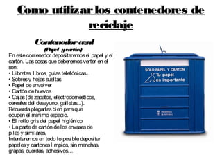 Como utilizarlos contenedores de
reciclaje
Contenedorazul
(Papel ycartón)
En estecontenedor depositaremosel papel y el
cartón. Lascosasquedeberemosverter en el
son:
• Libretas, libros, guíastelefónicas...
• Sobresy hojassueltas
• Papel deenvolver
• Cartón dehuevos
• Cajas(dezapatos, electrodomésticos,
cerealesdel desayuno, galletas...).
Recuerdaplegarlasbien para que
ocupen el mínimo espacio.
• El rollo grisdel papel higiénico
• Lapartedecartón delosenvasesde
pilasy similares.
Intentaremosen todo lo posibledepositar
papelesy cartoneslimpios, sin manchas,
grapas, cuerdas, adhesivos…
 