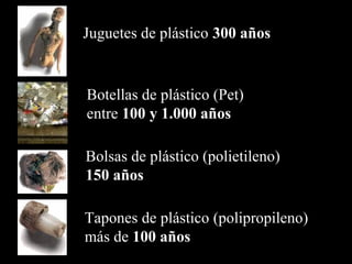 Juguetes de plástico 300 años 
Botellas de plástico (Pet) 
entre 100 y 1.000 años 
Bolsas de plástico (polietileno) 
150 años 
Tapones de plástico (polipropileno) 
más de 100 años 
 