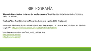 BIBLIOGRAFÍA
'Tú eres la Tierra: Mejora el planeta del que formas parte' David Suzuki y Kathy Vanderlinden (Ed. Oniro,
2005, 128 páginas).
“Ecologia” Jose Tola (Ed.Ediciones Mistral S.A. Barcelona-España, 1996, 95 páginas)
Publicacion Ministerio de Educacion Nacional “Una llave maestra Las TIC en el aula” Altablero No. 23 Abril-
Mayo 2004 http://www.mineducacion.gov.co/1621/article-87408.html
http://www.natureduca.com/activ_resid_reciclaje.php
http://www.crc.gov.co/
http://www.ica.gov.co/
 